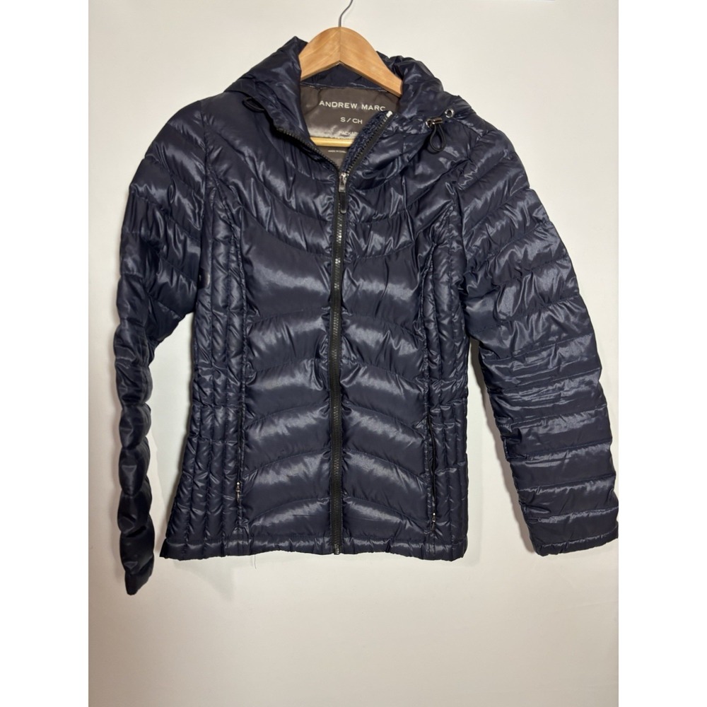 Andrew Marc Premium Down Quilted Packable‎ Navy Hooded Full Zip Puffer Jacket S